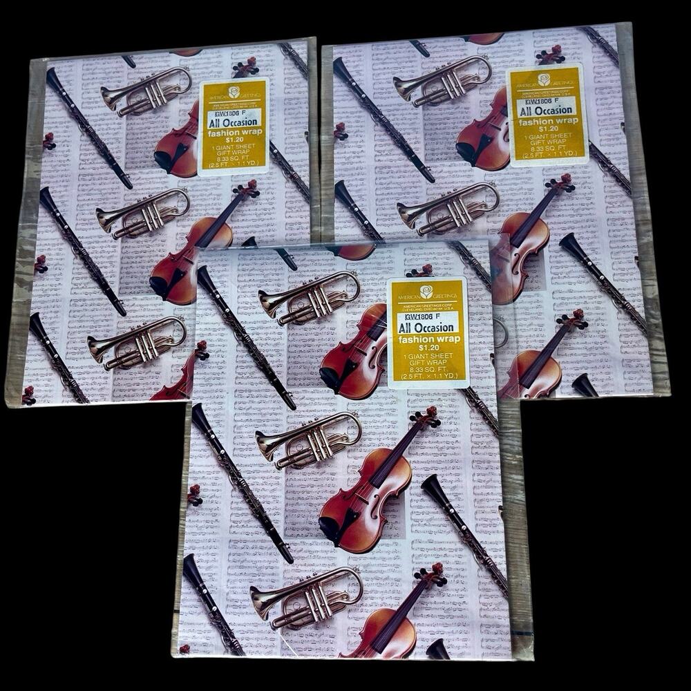 3 NOS Vintage American Greetings Music Gift Wrap Violin Trumpet Instruments